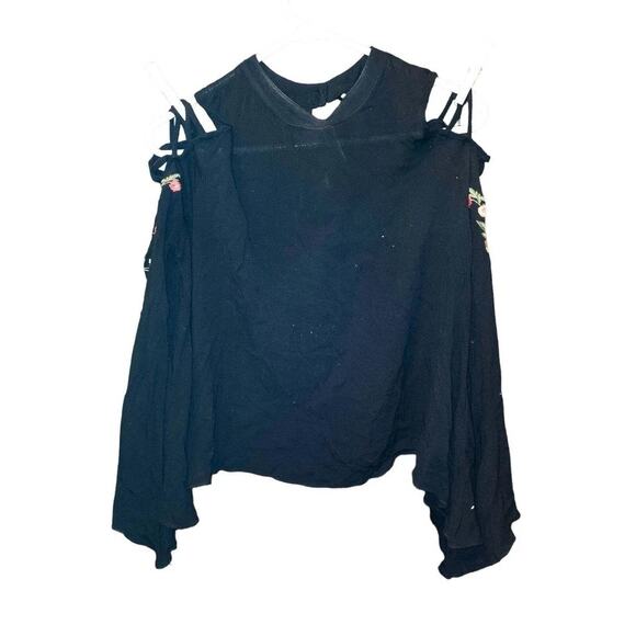 Umgee Small Black Strappy Floral Embroidered Cold Shoulder‎ V-neck Top - Picture 1 of 4